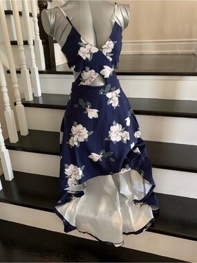 Navy Floral High-Low Slip Dress